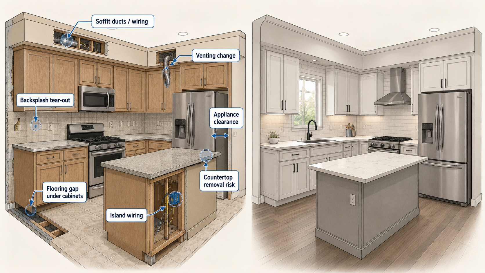 Diagram showing hidden cost areas in a 2000s kitchen remodel, including soffits, flooring gaps, island wiring, and backsplash tear-out.