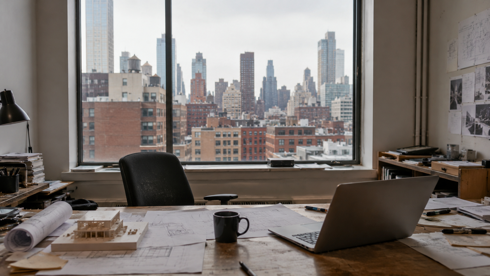 Messy architecture office desk with drawings, laptop, model, and New York buildings outside the window.