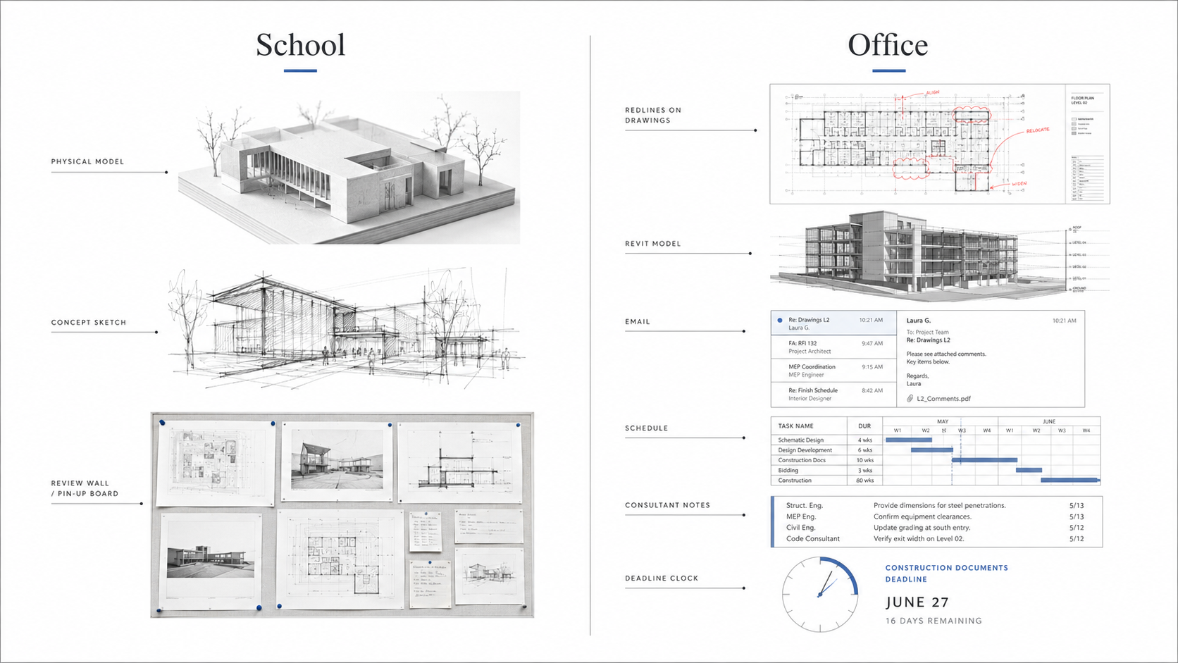 Diagram comparing architecture school work with real architecture office work.