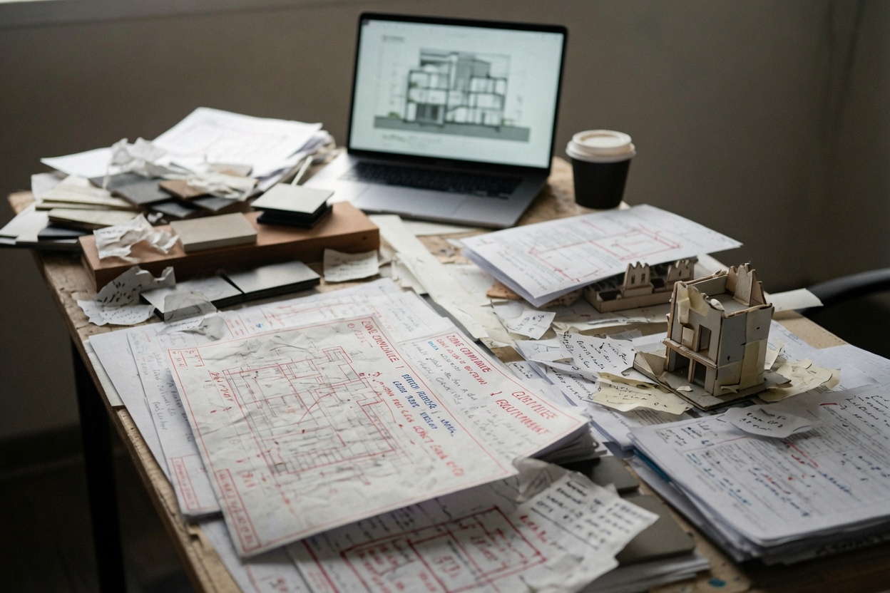 Architecture desk with drawings, laptop model, paper study model, and scattered review notes.