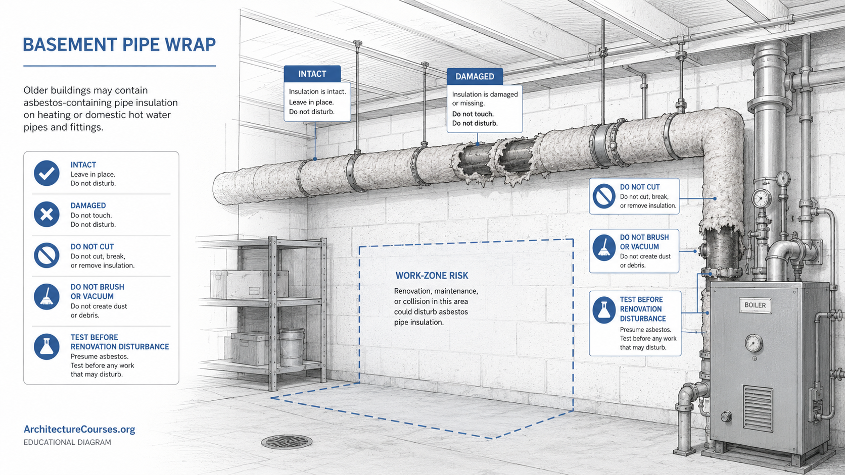 Diagram showing intact and damaged pipe insulation in an older basement utility area with renovation safety callouts.