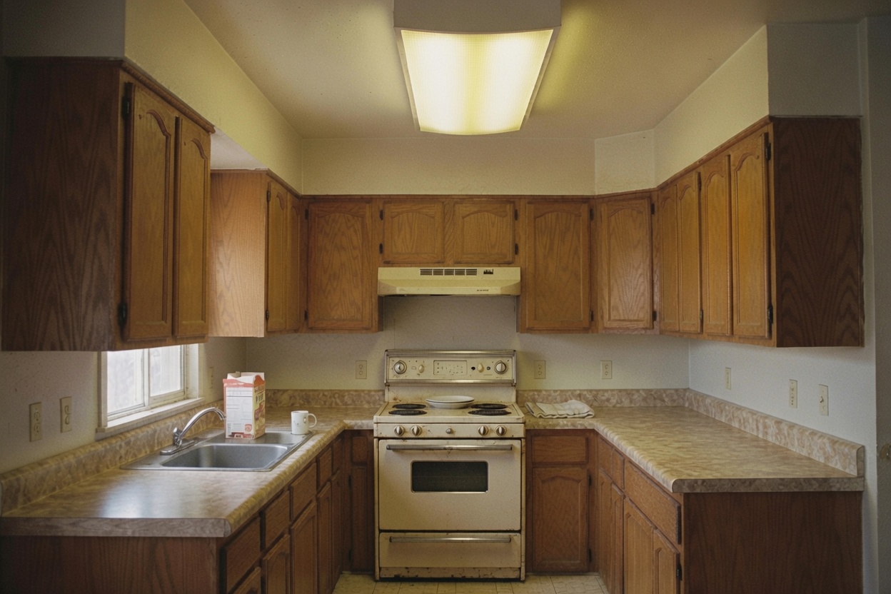 1980s kitchen before remodel with oak cabinets, fluorescent ceiling light, soffit, laminate counters, and almond range.