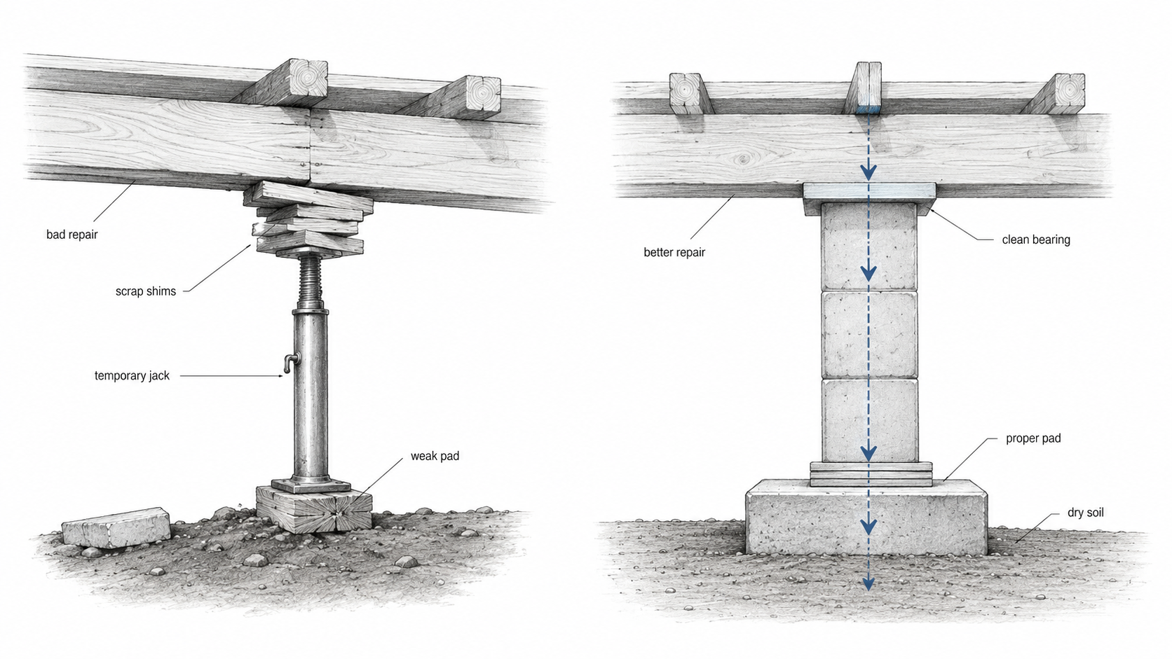 Wrong-vs-right diagram comparing bad pier and beam foundation repair with a temporary jack and scrap shims against a proper supported beam, pier, footing pad, and dry soil.