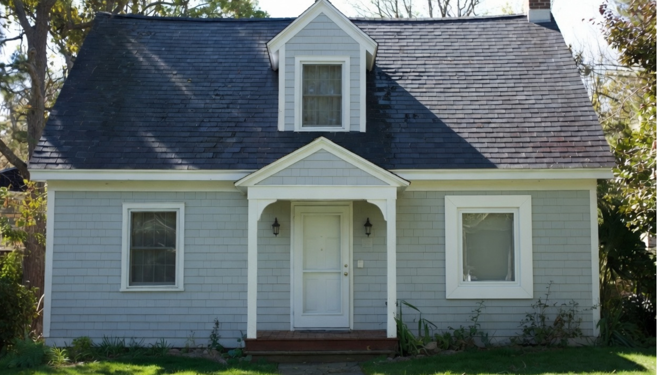 Cape Cod house facade with replacement windows that feel uneven in size and proportion.