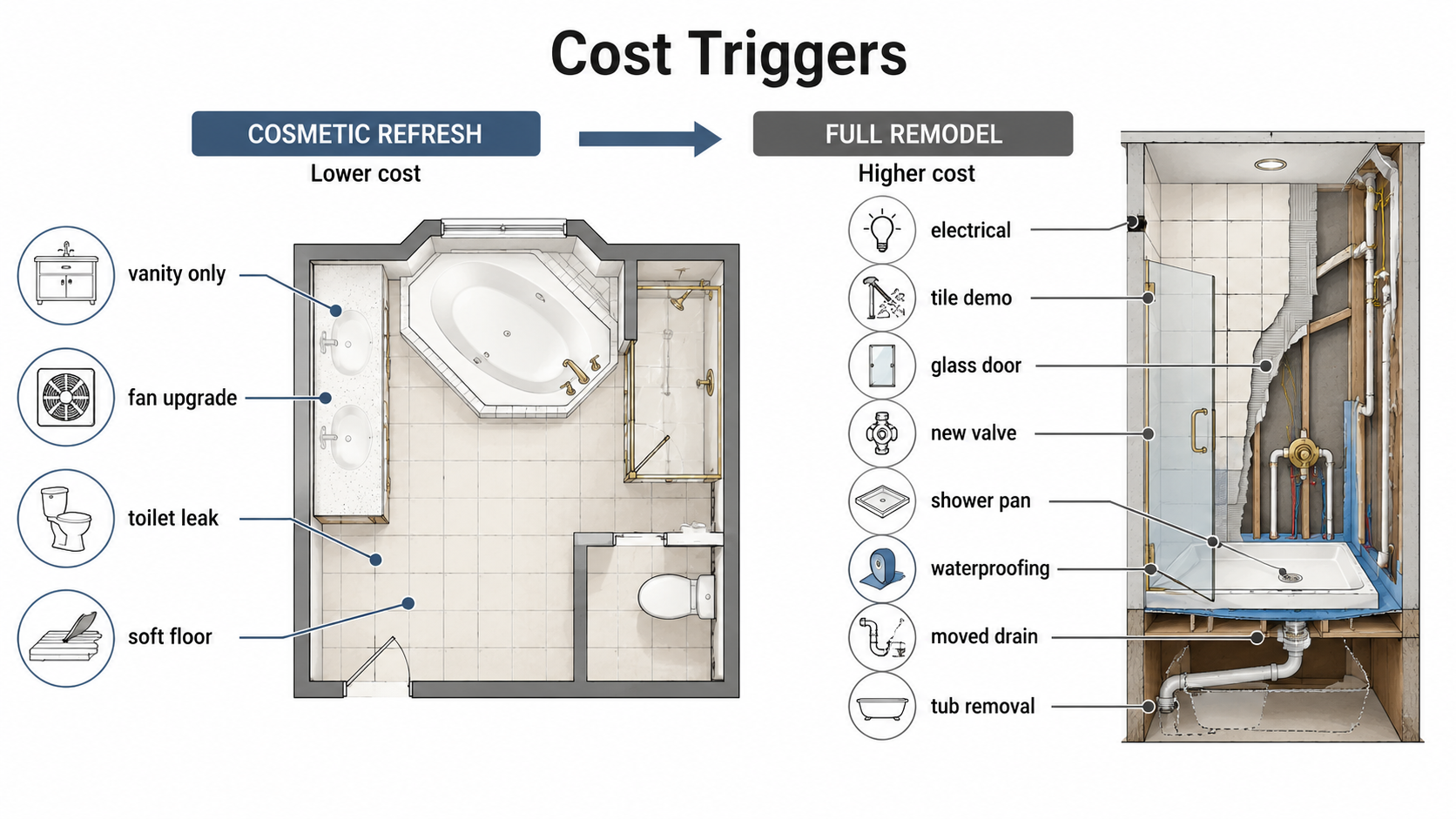 Diagram showing what turns a 1990s bathroom update into a full remodel.