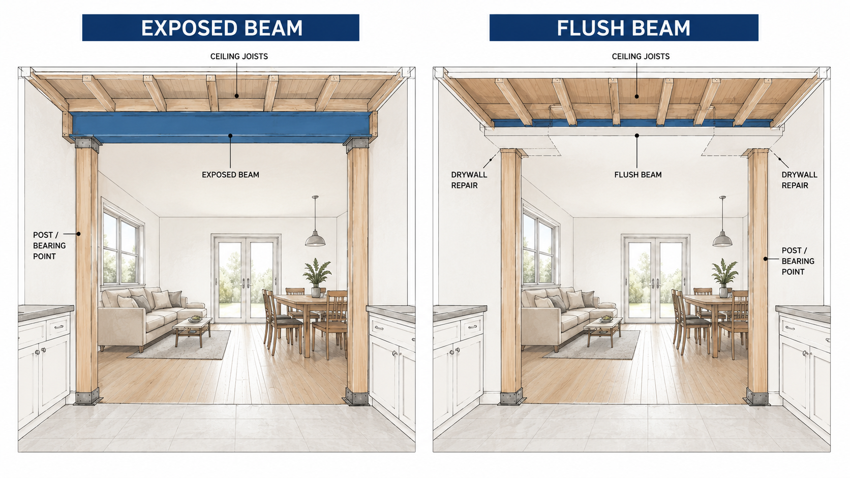 Diagram comparing ceiling impact of exposed and flush beam wall removal options.