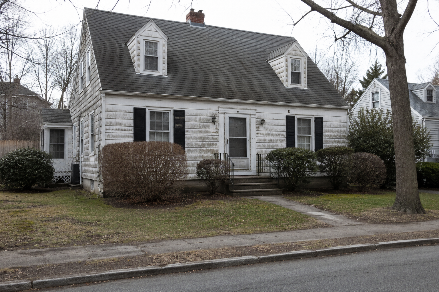Older Cape Cod house with weathered siding, dormers, and aging front windows.