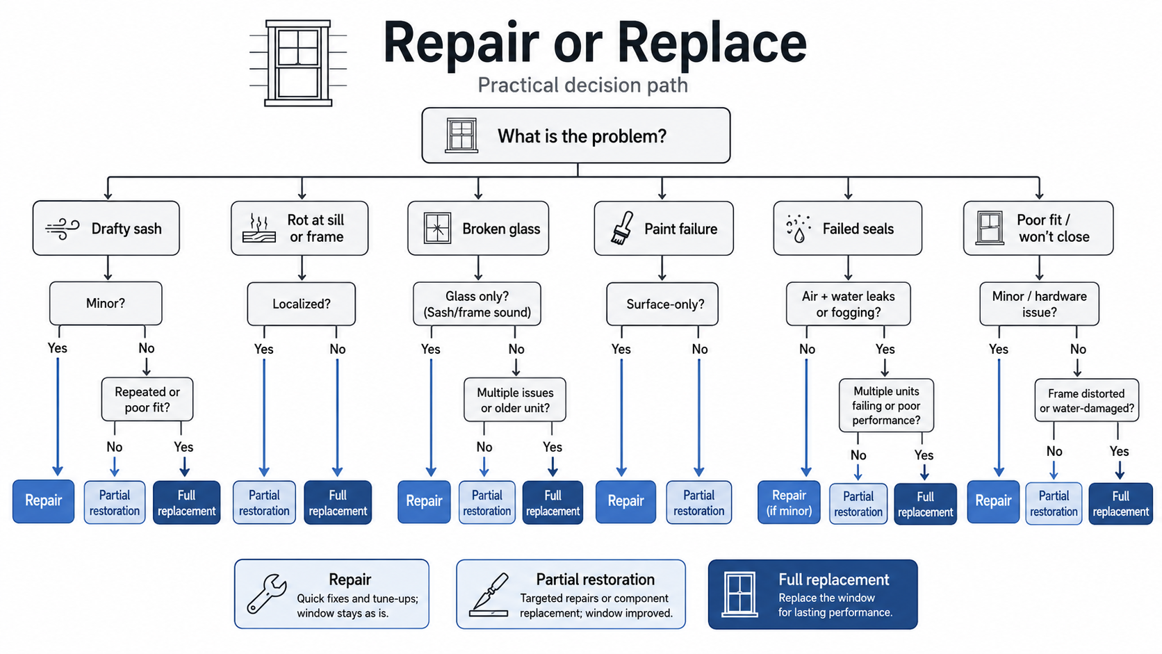 Decision tree showing when to repair, restore, or replace Cape Cod house windows.