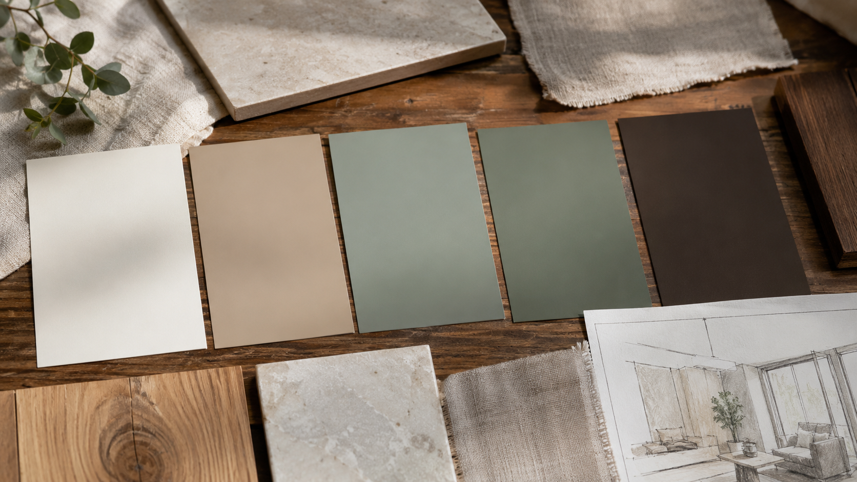 Interior color palette with white, khaki, jade, eucalyptus, and dark brown samples.