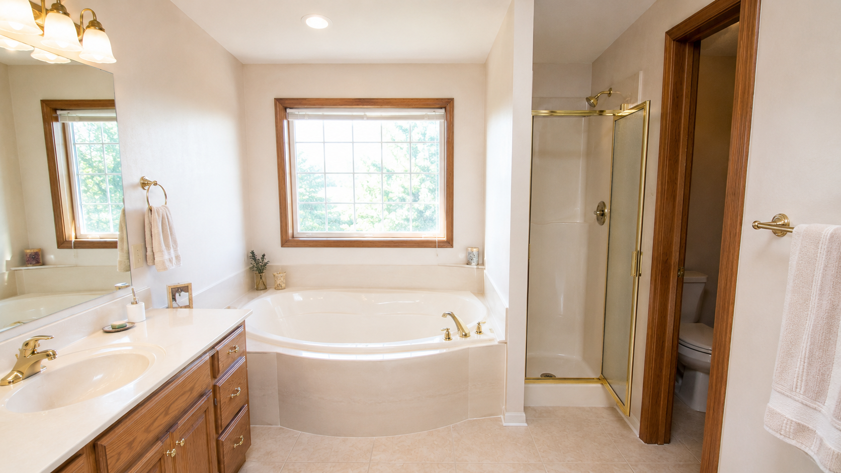 1990s primary bathroom with large corner tub and small separate shower before remodel.