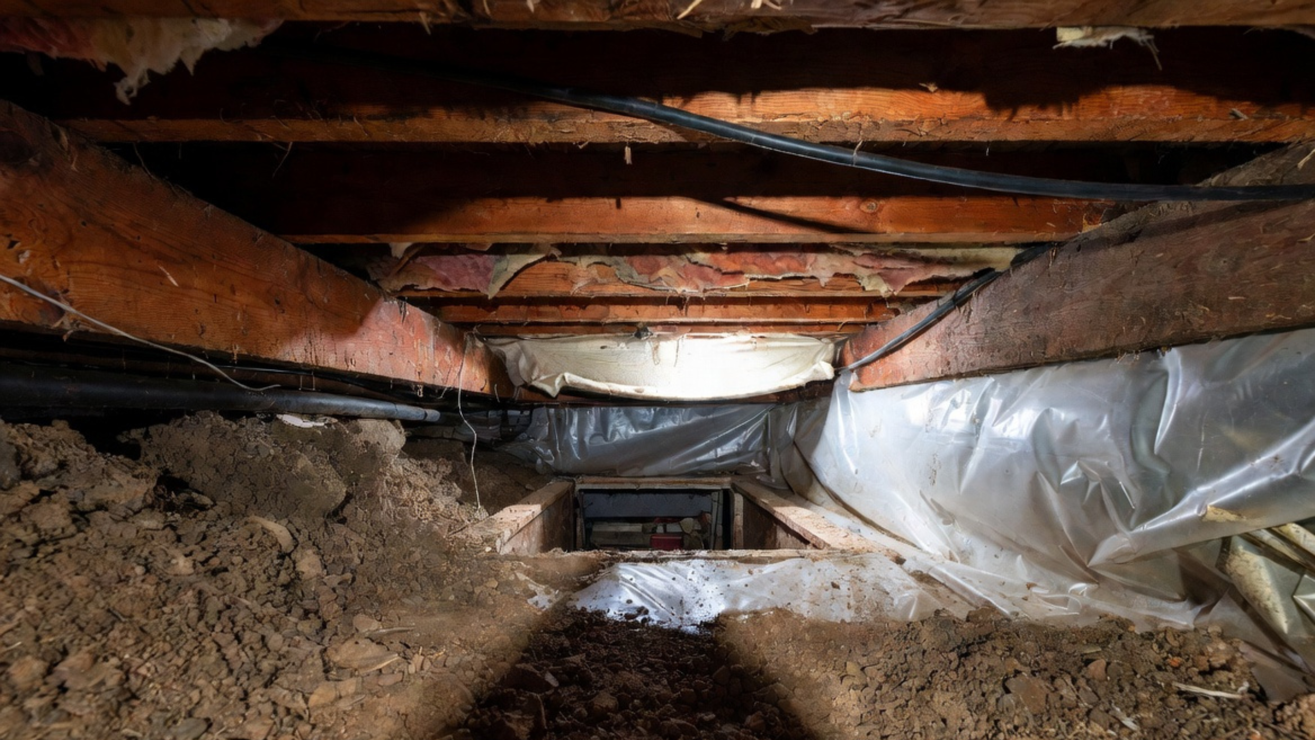 Older crawl space with exposed soil, low framing, pipes, and partial plastic vapor barrier.