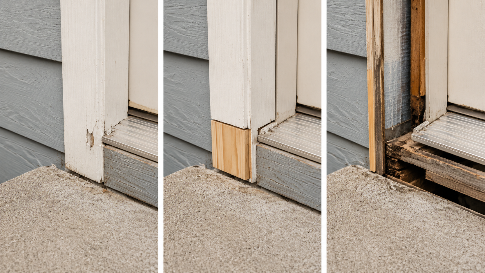 Visual comparison of patching, cutting out, and replacing a water-damaged door frame.