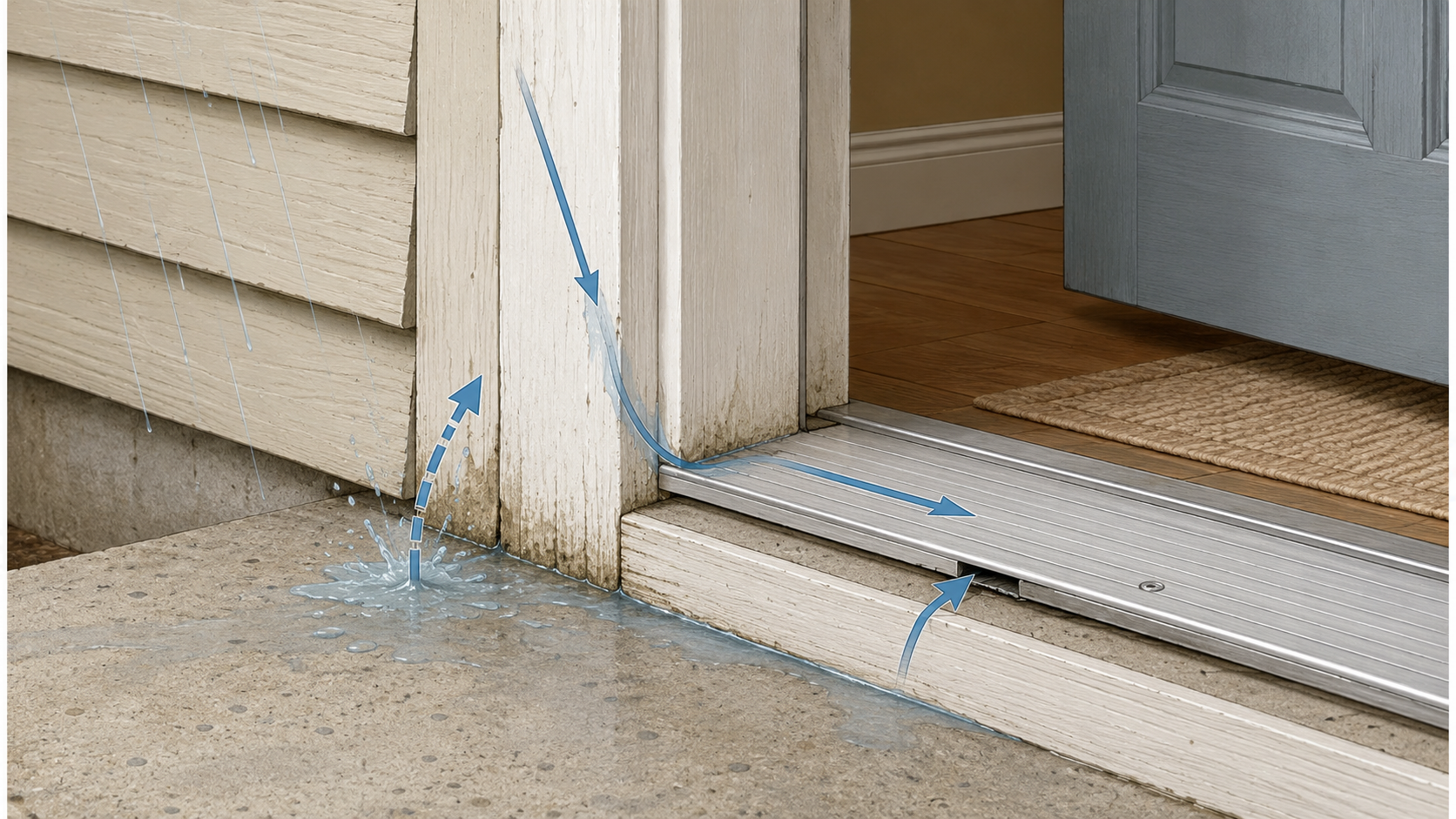 Visual diagram showing water paths that cause rot at an exterior door frame.