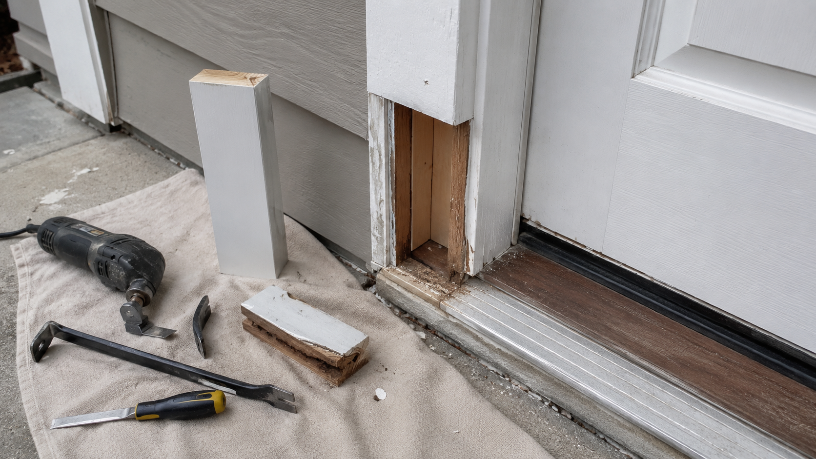 Rotted lower door jamb cut out for repair.
