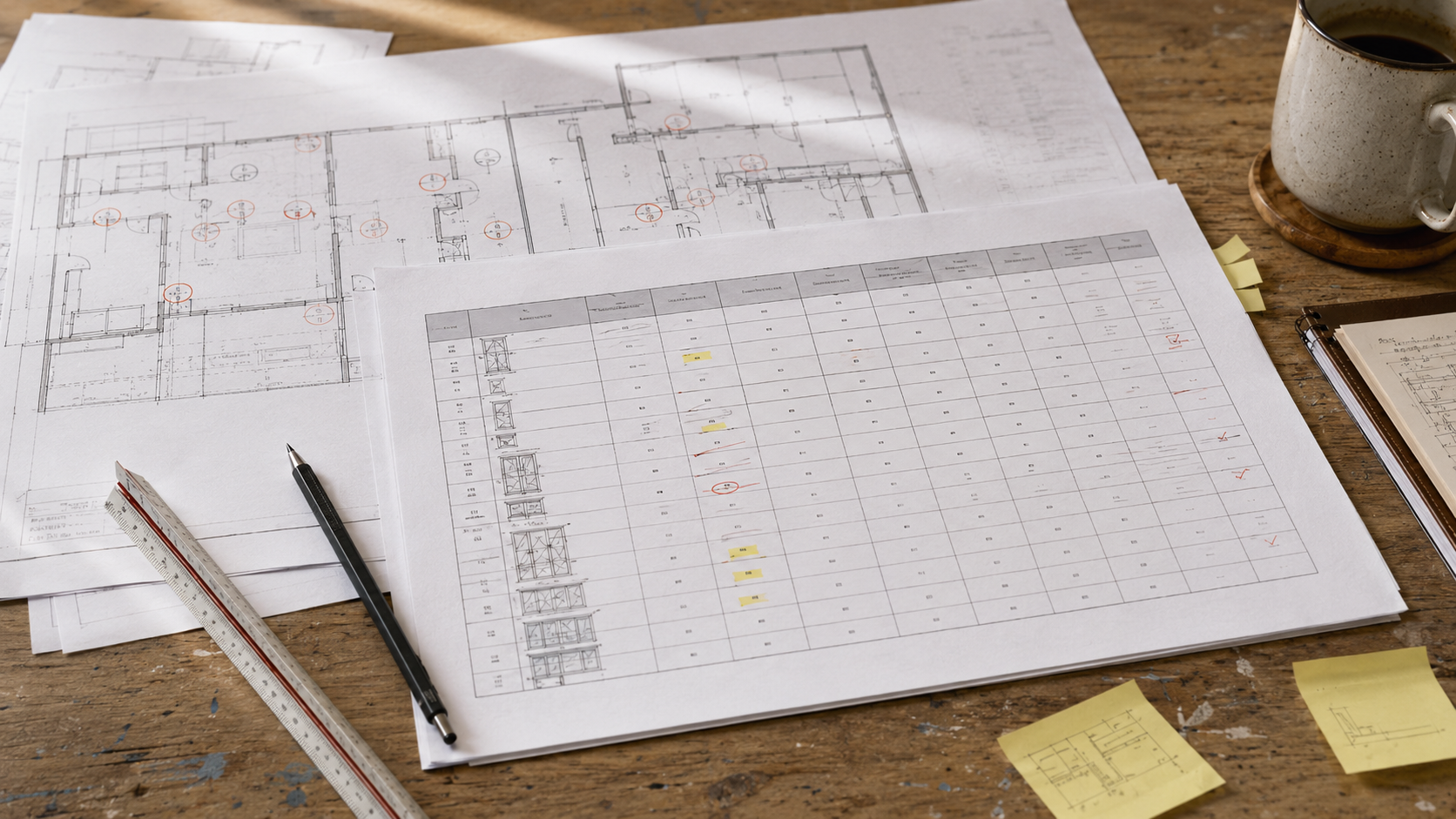 Printed floor plans and a door and window schedule being reviewed with marked-up opening tags before issue.