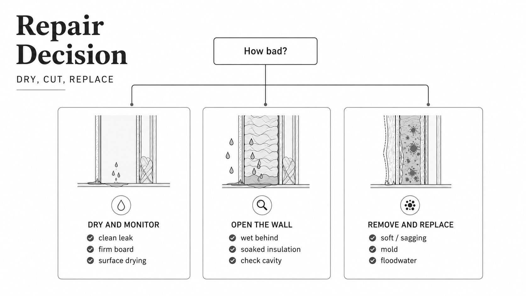 Diagram showing when wet drywall can dry, when it should be cut, and when it must be replaced. 
