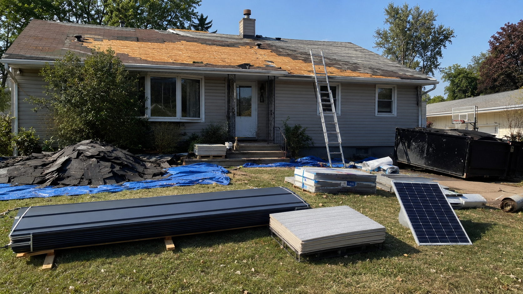 House roof replacement with exposed sheathing, staged metal roofing, reflective roofing, and solar panel planning materials.