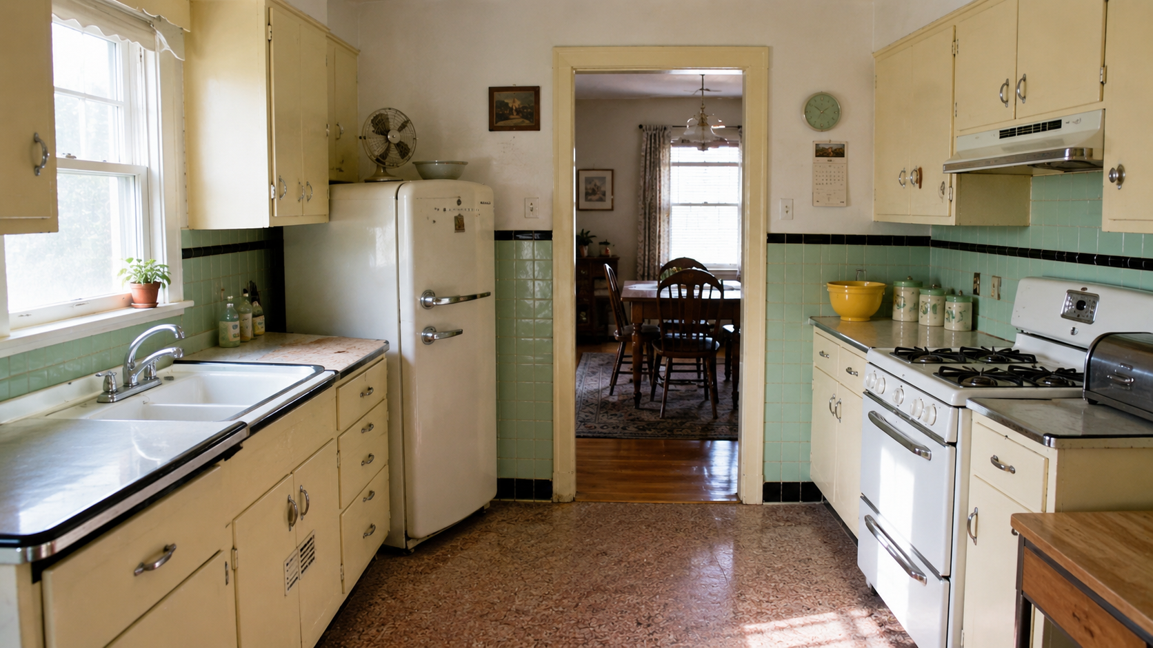 Preserved 1950s kitchen with yellow cabinets, wall tile, vintage refrigerator, and dining room view.
