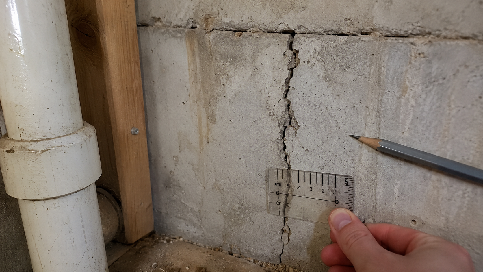 Close photo of a foundation crack being measured on a concrete wall during inspection.
