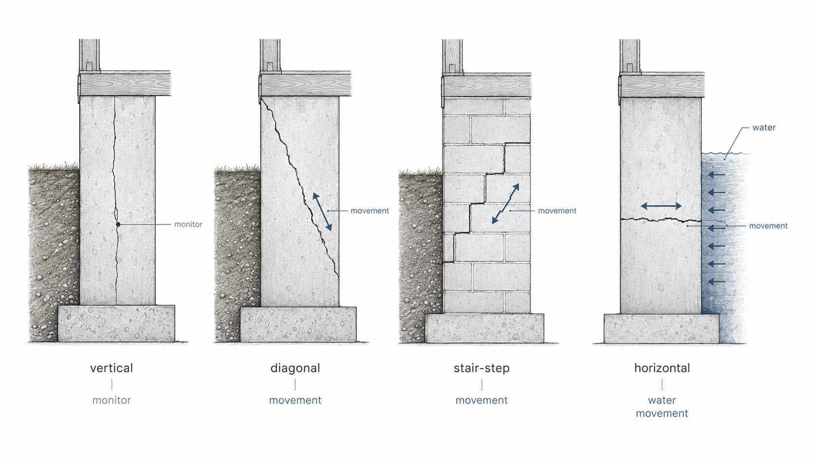 Diagram comparing vertical, diagonal, stair-step, and horizontal foundation cracks with different repair risk levels.