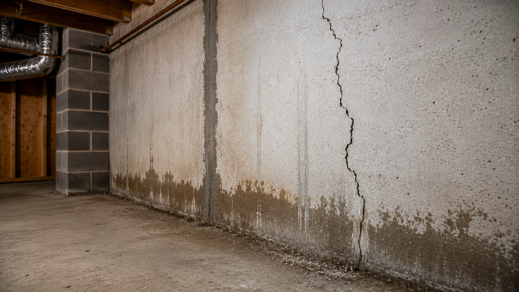 Foundation crack inspection on an unfinished concrete basement wall with moisture staining and rough concrete texture.