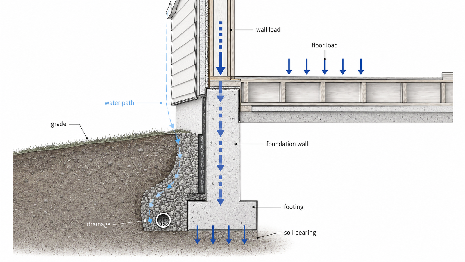 Section diagram showing house loads moving through the foundation into soil while exterior water is directed toward drainage.