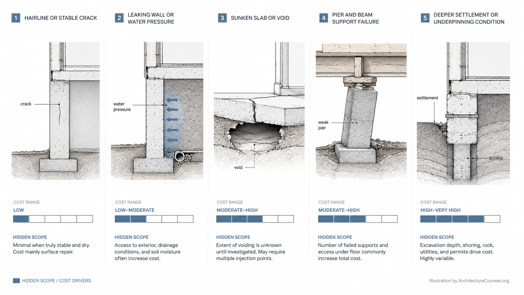 Diagram comparing foundation repair cost by problem type, including cracks, water pressure, slab voids, pier failure, and deeper settlement.