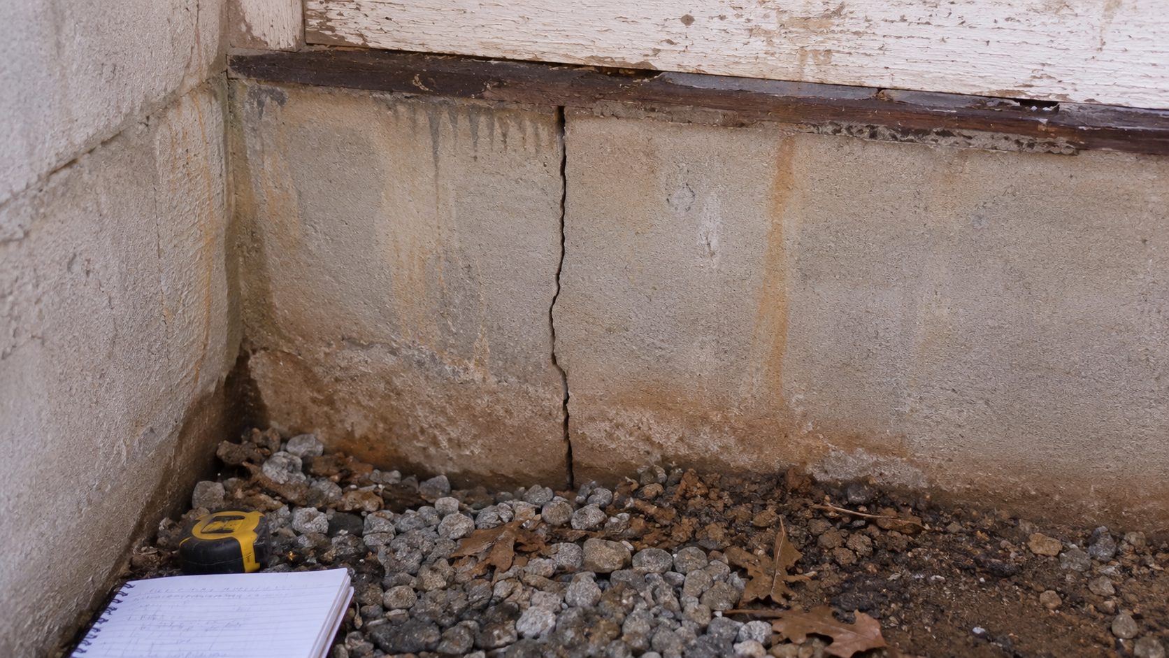 Close foundation repair estimate photo showing a concrete crack, moisture staining, soil at the base, and inspection notes.
