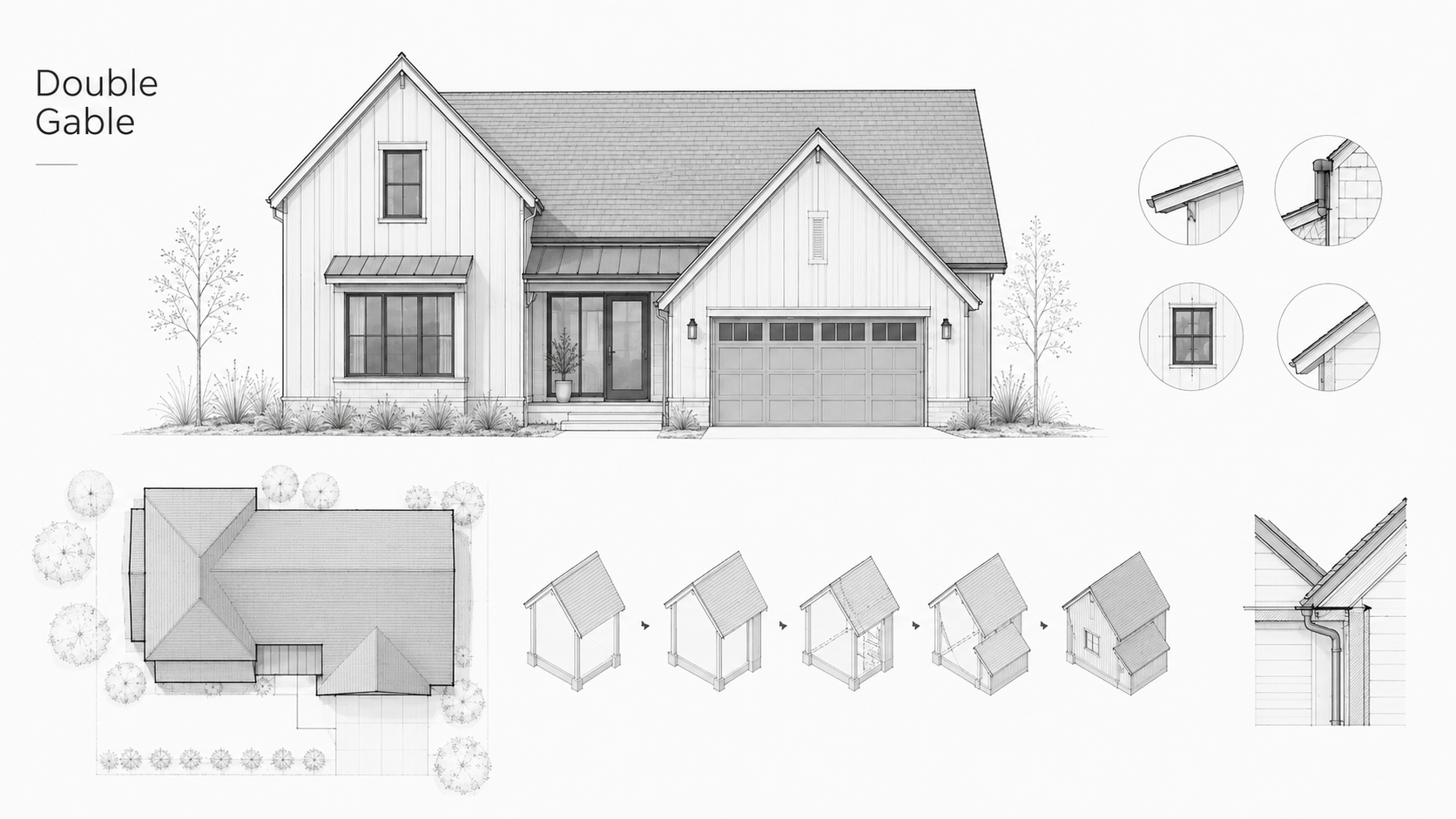 Gable-on-gable house diagram showing modern double gable massing, roof plan, and roof edge detail.