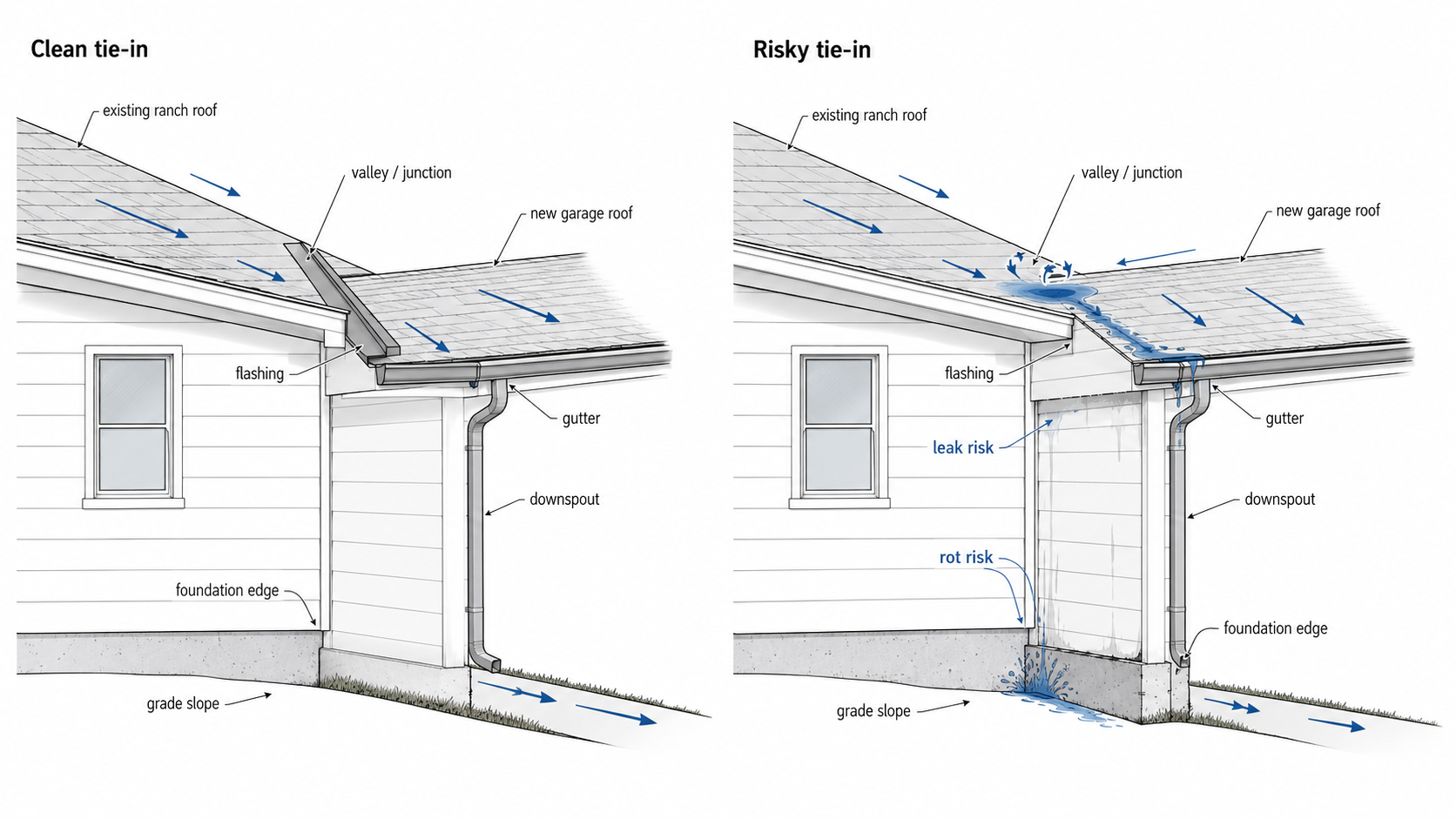 Section diagram showing roof tie-in and drainage risks for a ranch house garage addition.