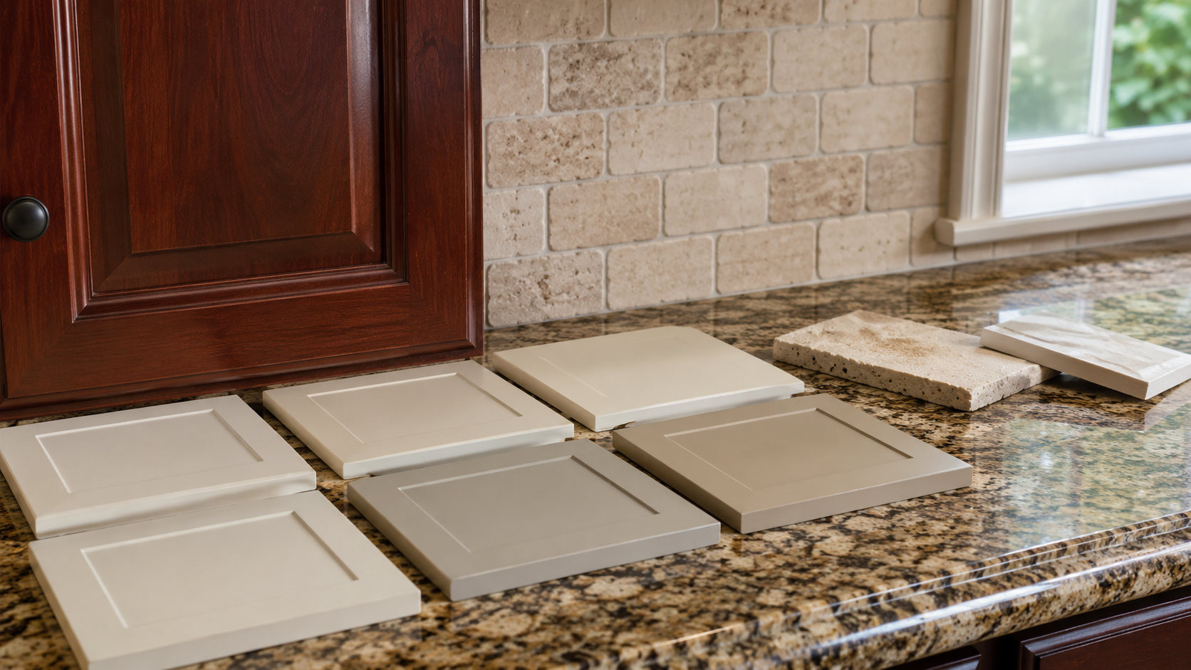 Neutral cabinet and tile samples tested against brown granite and cherry cabinets in a 2000s kitchen.