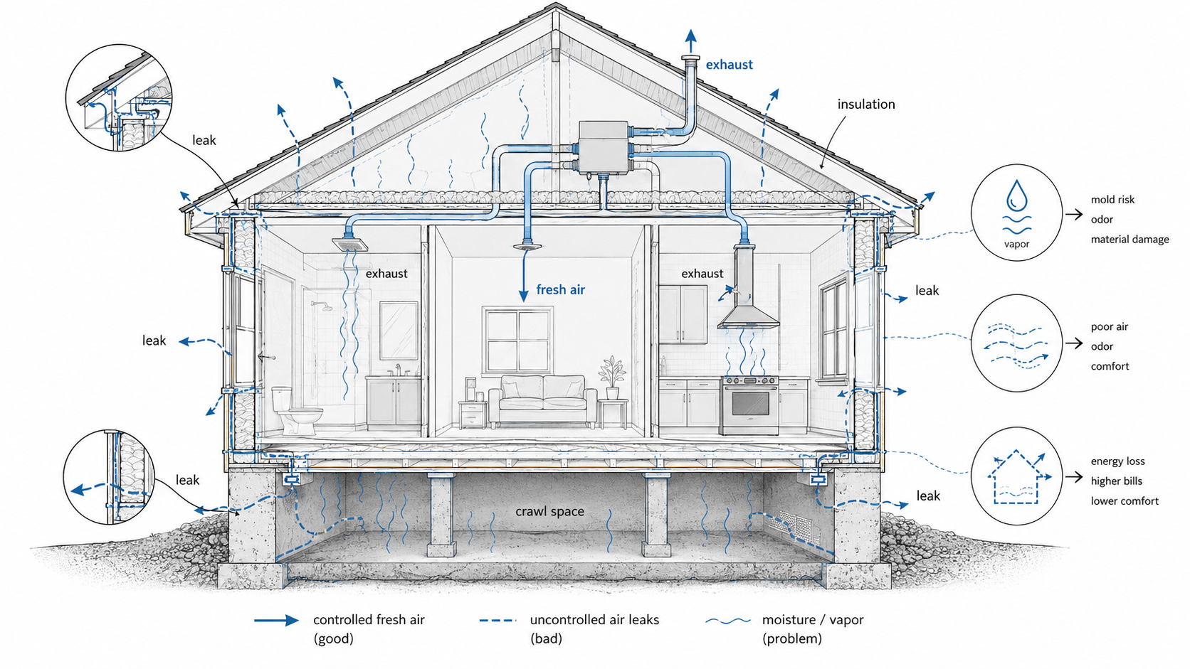 House cutaway diagram showing moisture paths, air leaks, exhaust, ventilation, insulation, crawl space, mold risk, comfort, and energy loss.