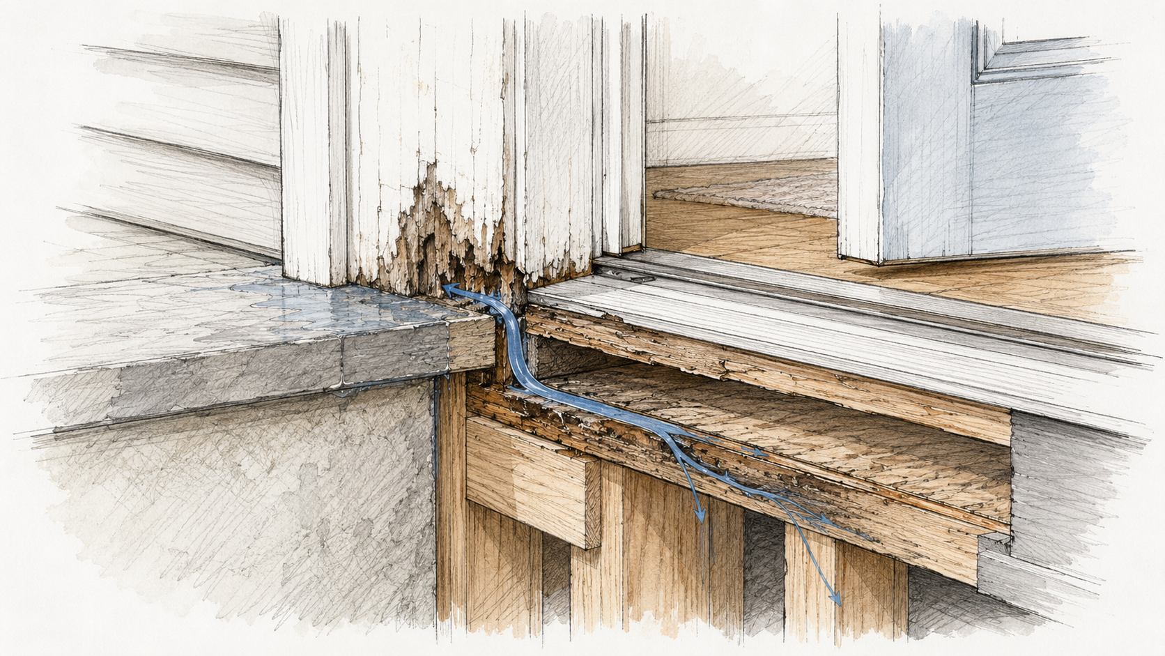 Sketch cutaway showing door frame rot reaching threshold, subfloor, and framing below.