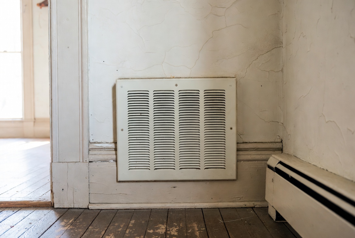 Old return air grille in a hallway where musty odors may move through HVAC air paths.