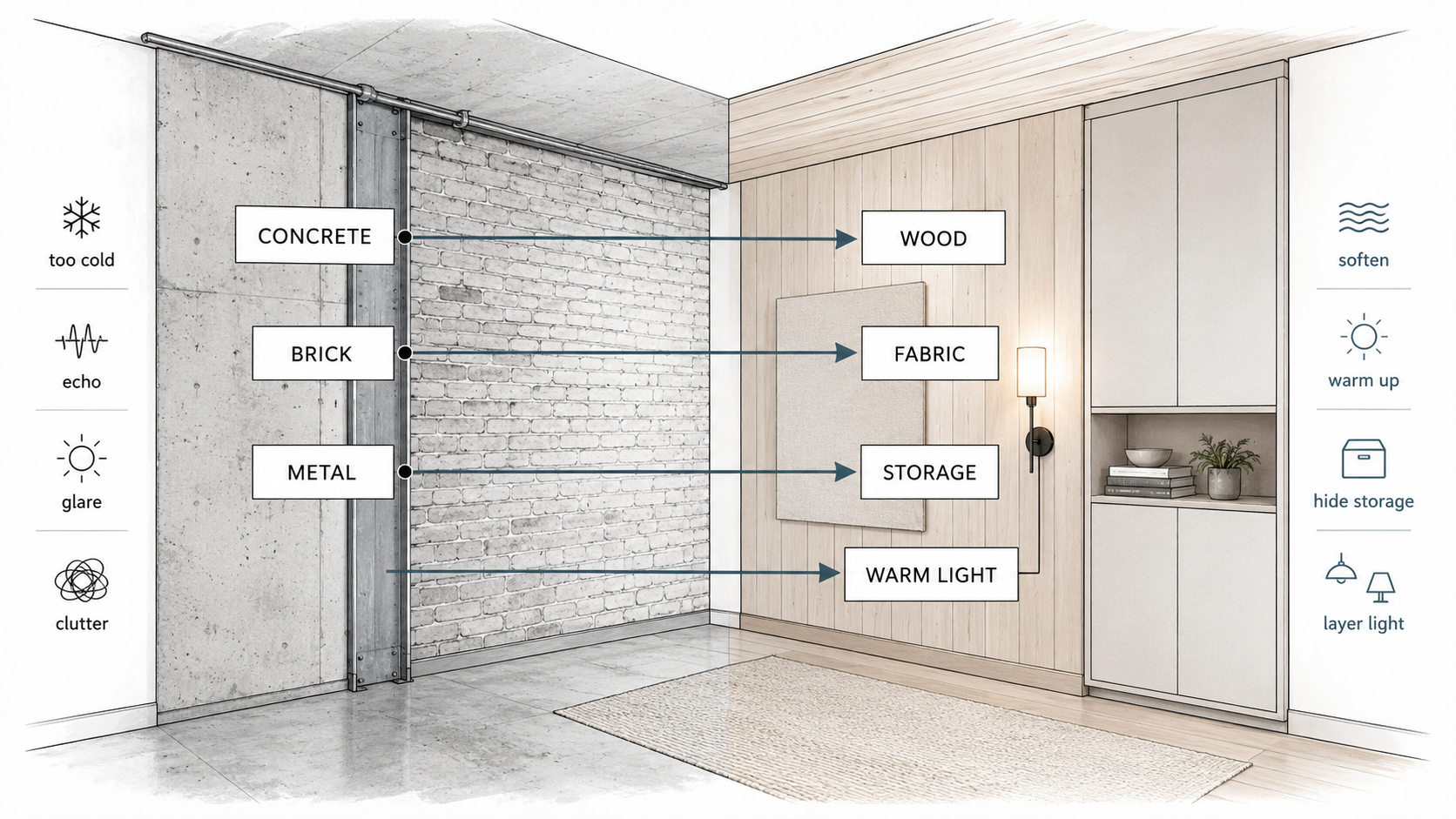 Diagram showing how concrete, brick, and metal need wood, fabric, storage, and warm light.
