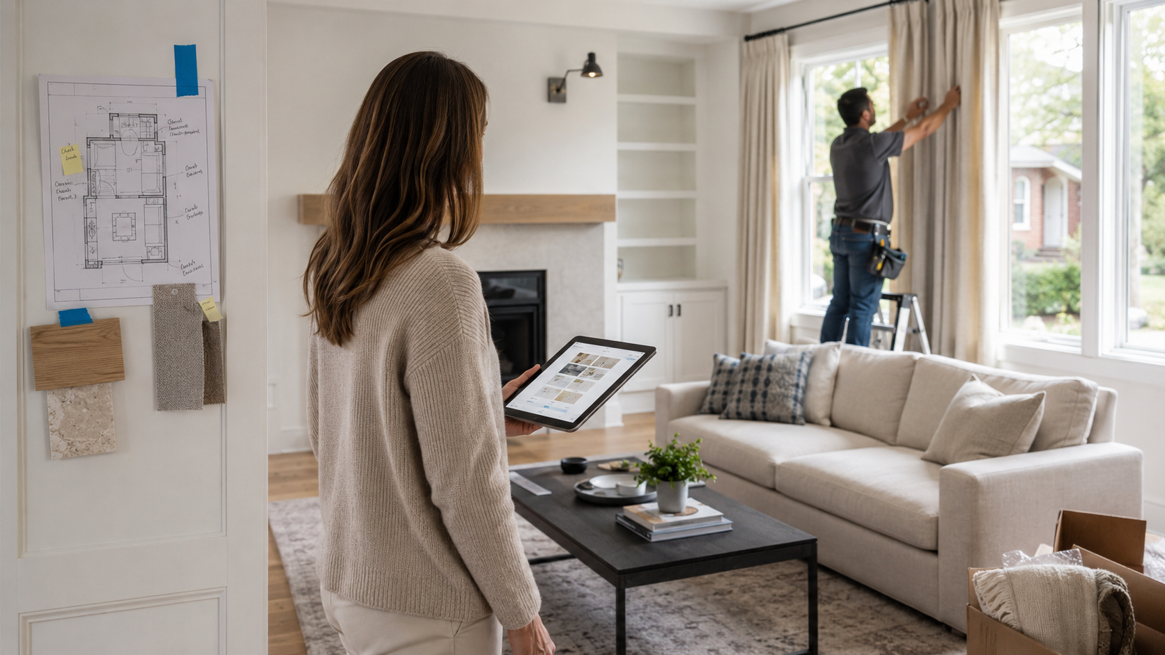 Interior designer reviewing installation details during a living room fit-out with a taped floor plan, finish samples, and an installer adjusting curtains.