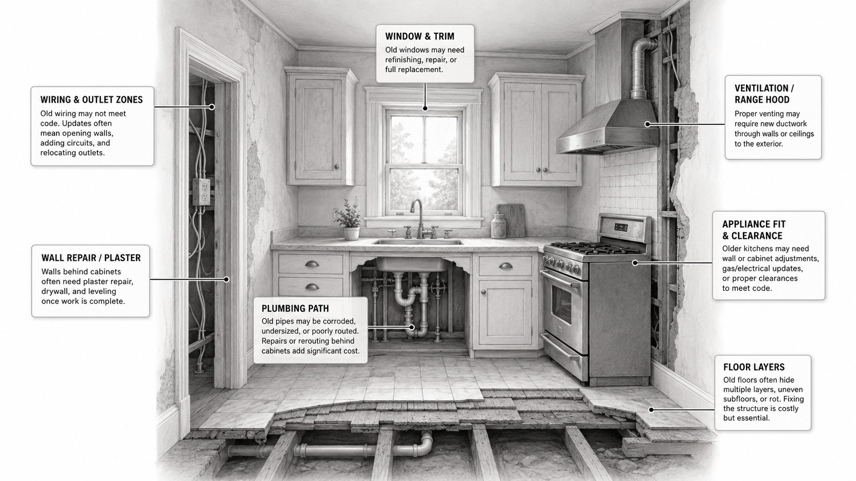 Diagram showing hidden cost drivers in a 1920s kitchen remodel.
