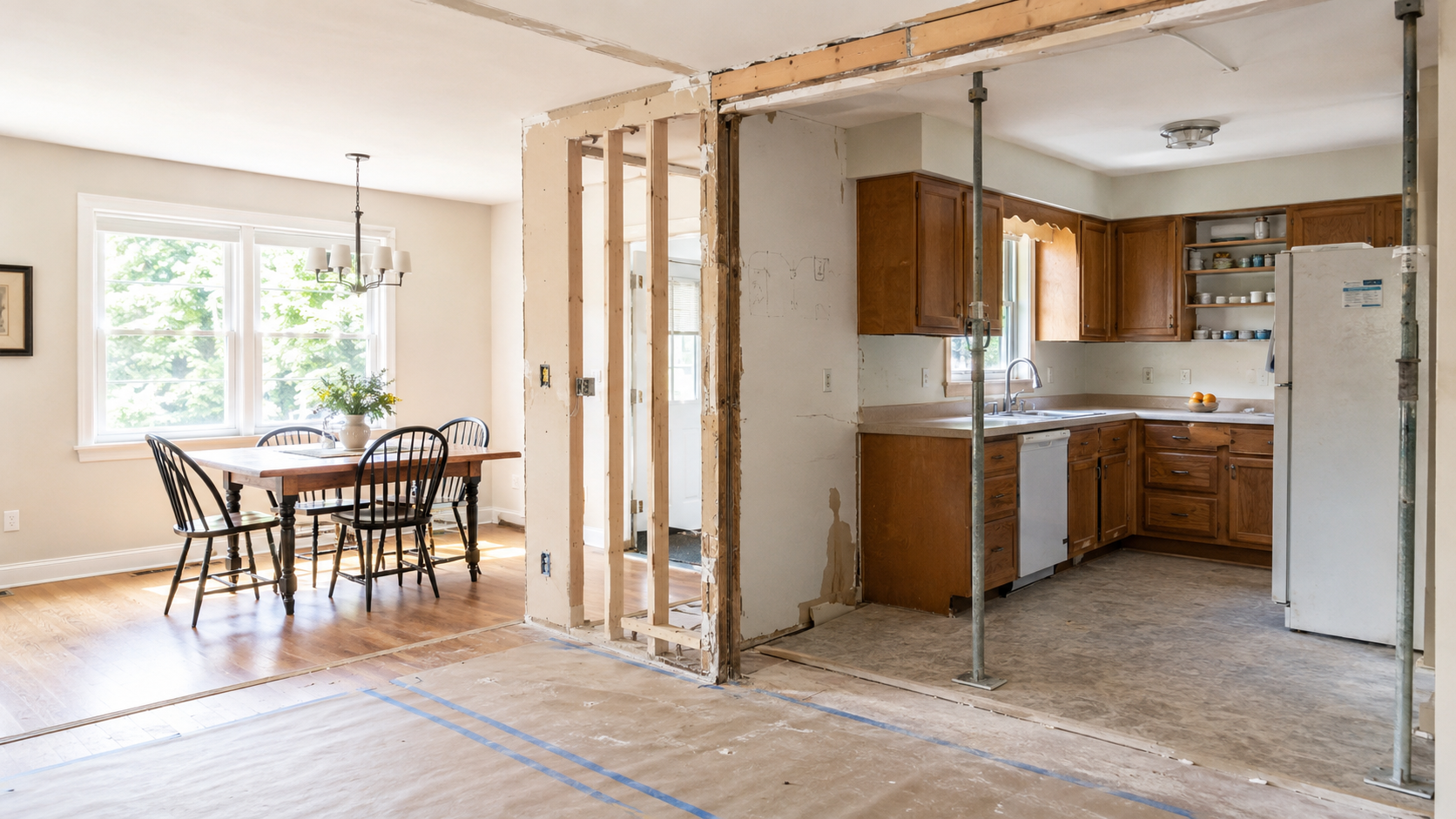 Kitchen and dining room wall opened during renovation with temporary support.