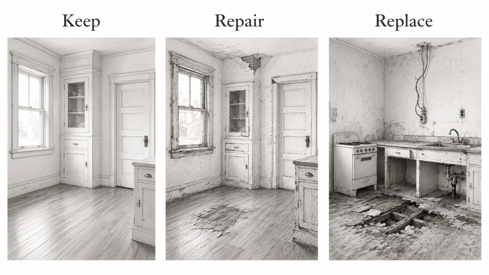 Diagram showing what to keep, repair, and replace in a 1920s kitchen remodel.