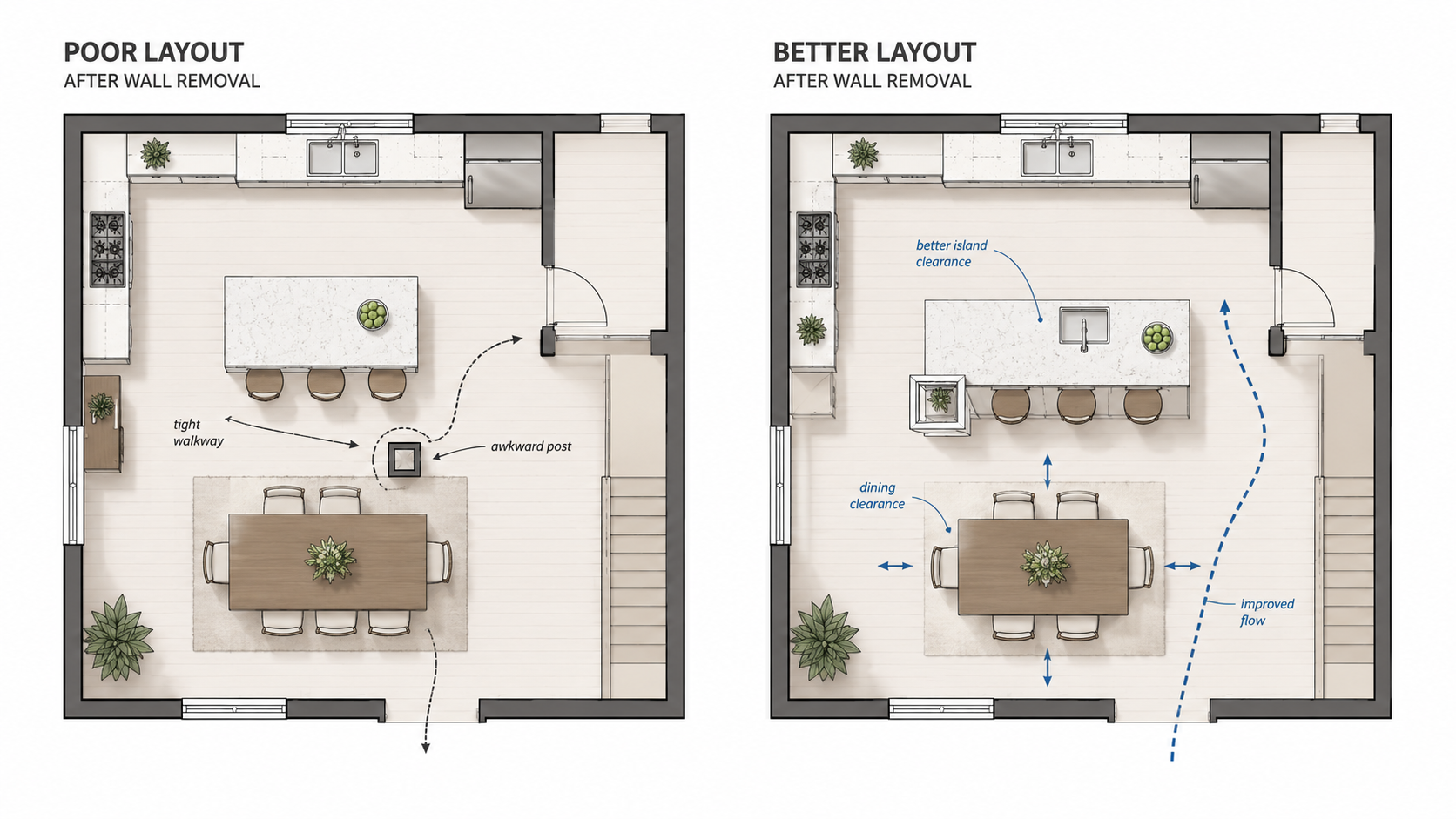 Diagram showing island table and post clearance problems after kitchen wall removal.