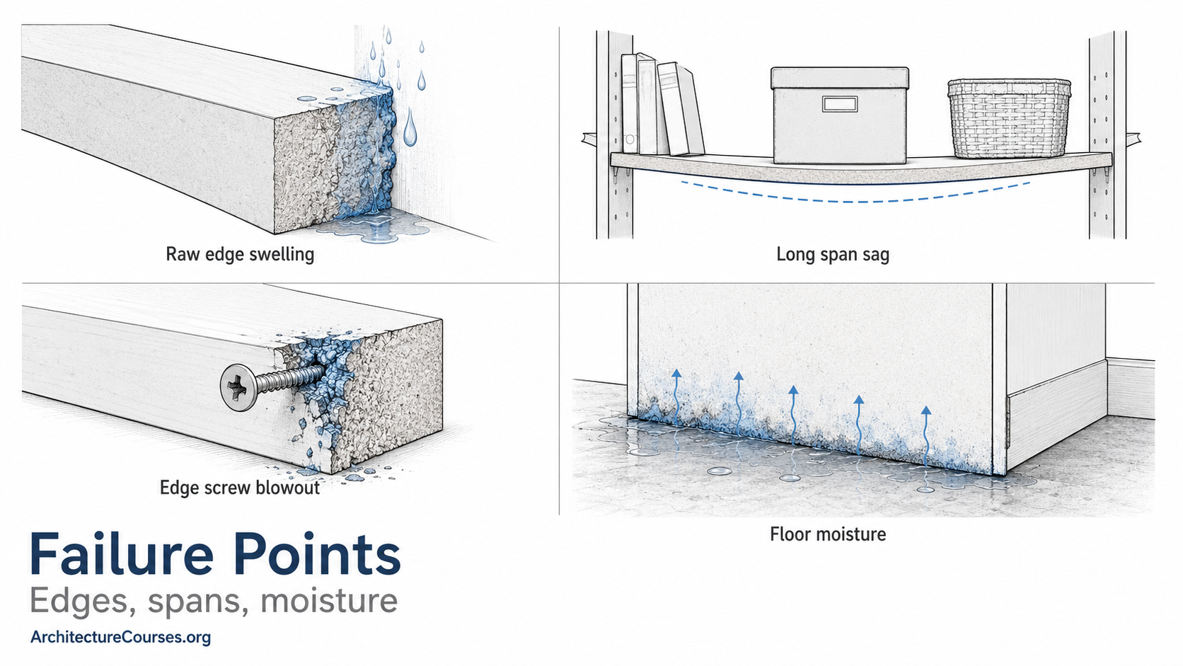 Diagram showing MDF failure points including swollen edges, sagging shelves, screw blowout, and floor moisture.