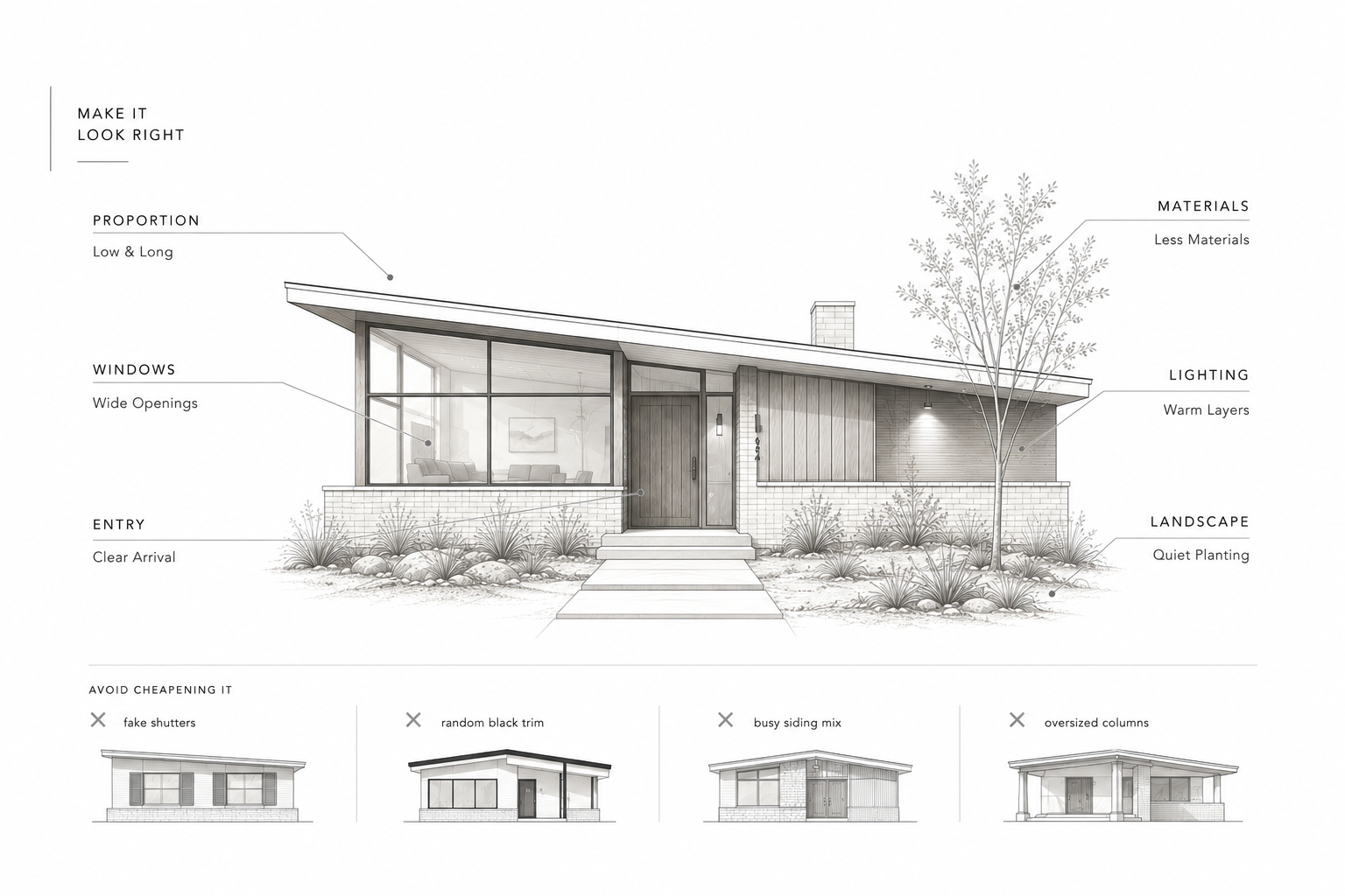 Midcentury exterior diagram showing proportion, windows, entry, materials, lighting, and landscape.