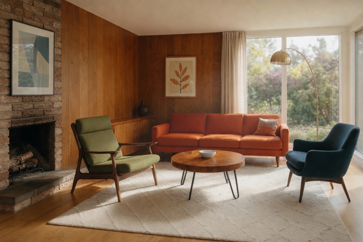 Midcentury living room with wood paneling, brick fireplace, orange sofa, and vintage chairs.
