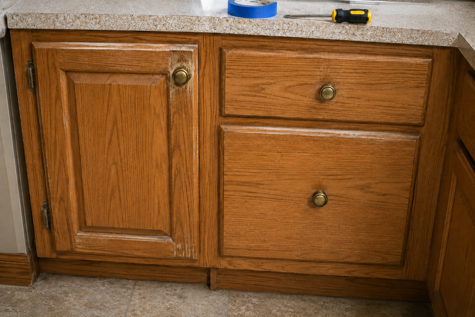 Close-up of worn 1990s oak cabinet door, drawer stack, hinges, and finish condition.