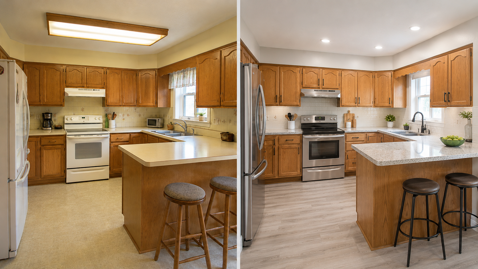 Before and after 1990s oak kitchen update with original oak cabinets kept and surrounding finishes changed. 