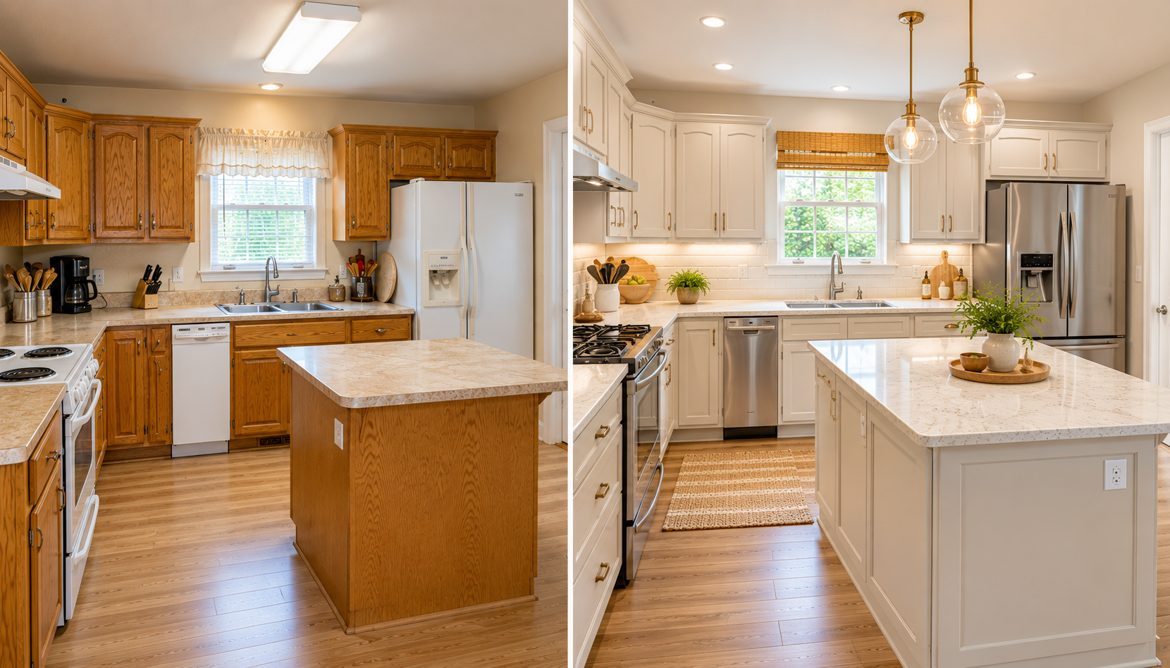 Before and after 1990s oak kitchen with painted cabinets, updated counters, and better lighting.