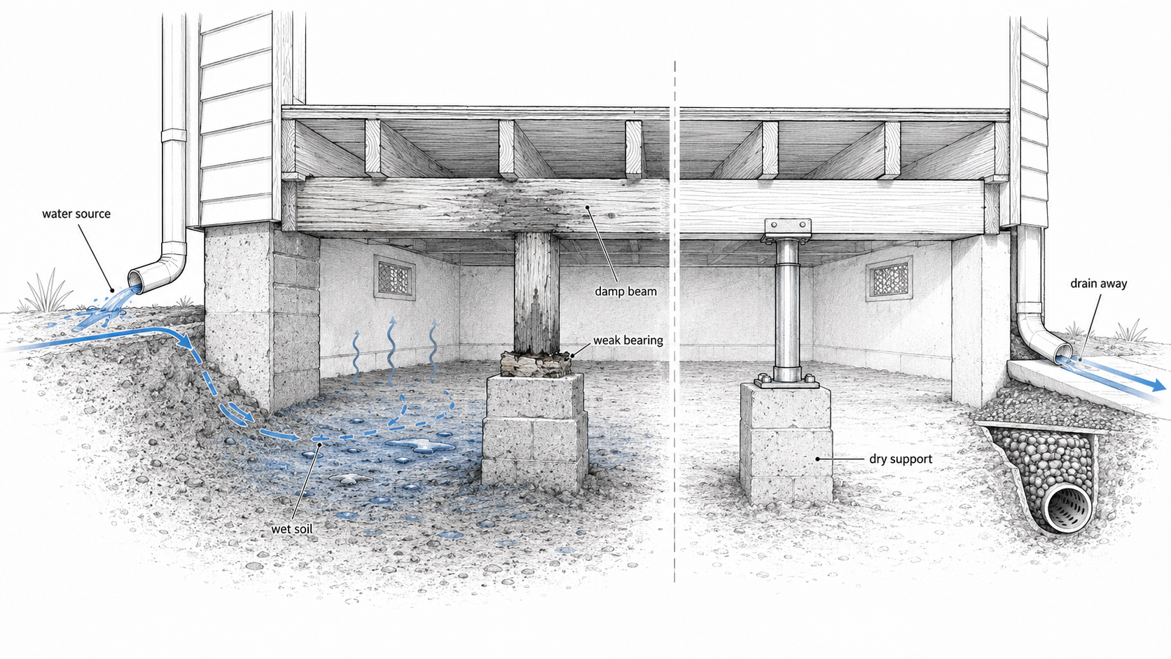 Water movement and repair sequence in a pier and beam crawl space, showing wet soil, damp beam, weak bearing, and corrected drainage with dry support.