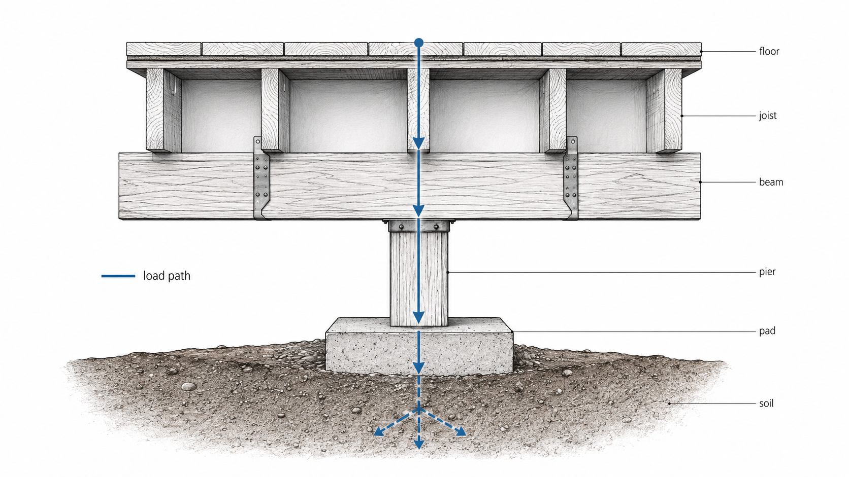 Diagram showing the load path in a pier and beam foundation from floor joists through the beam, pier, footing pad, and soil.