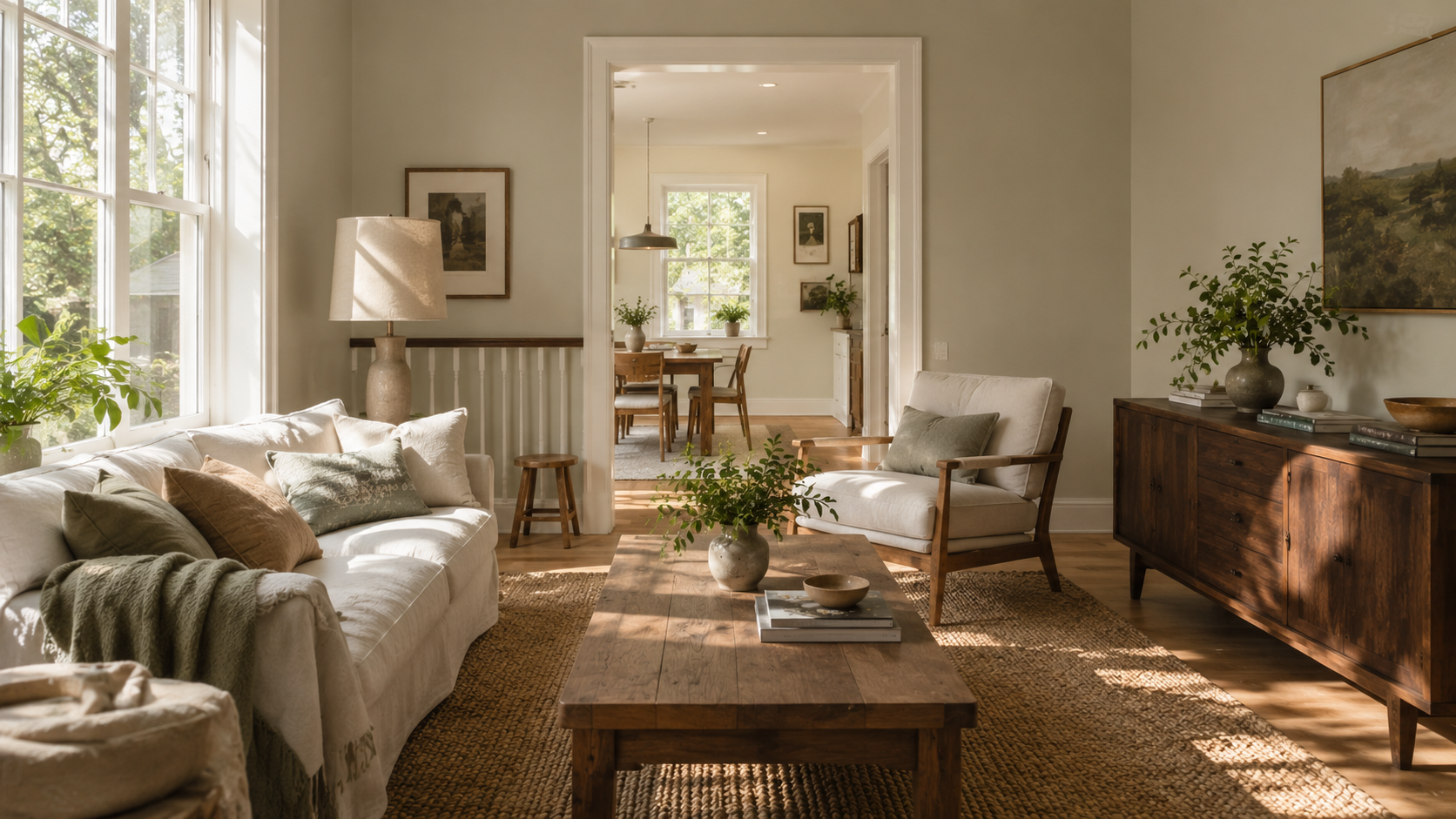 Living room using quiet 2026 colors with warm neutral walls, wood, linen, and muted green accents.