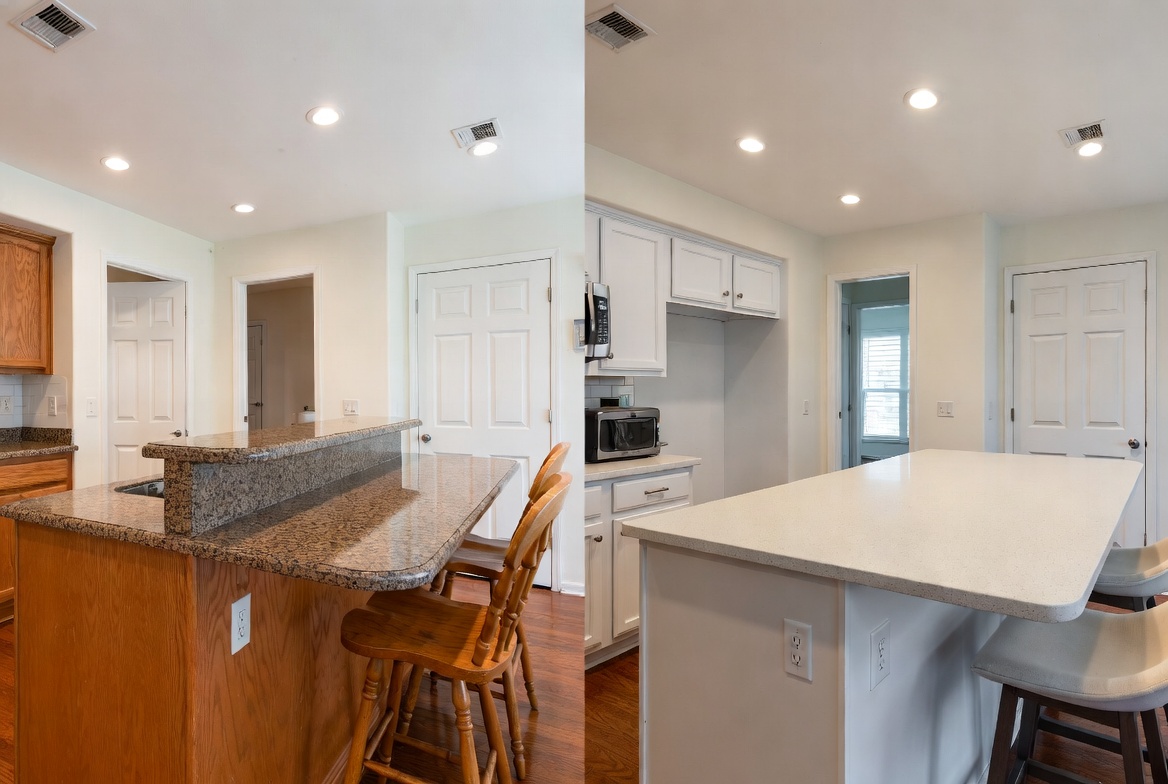 Before and after kitchen island showing a raised bar changed to one flat counter height.